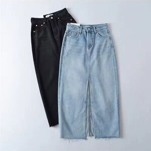 Front Slit Denim Skirt